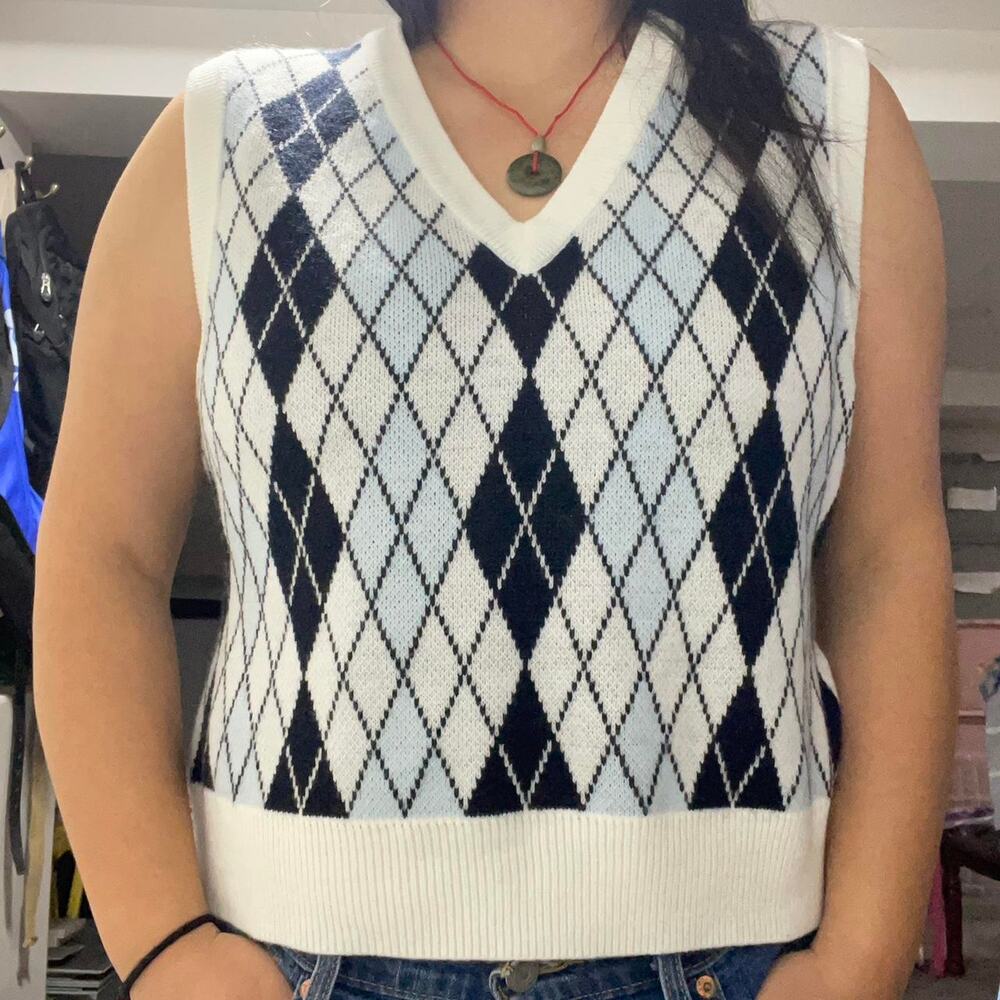 Blue and white argyle sweater